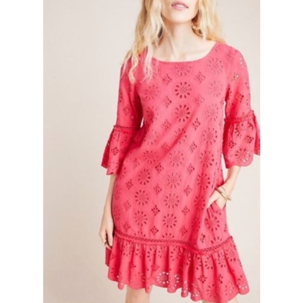 By Anthropologie Womens Dani Lace Tunic Dress 6 Pink Floral Beaded Eyelet Ruffle